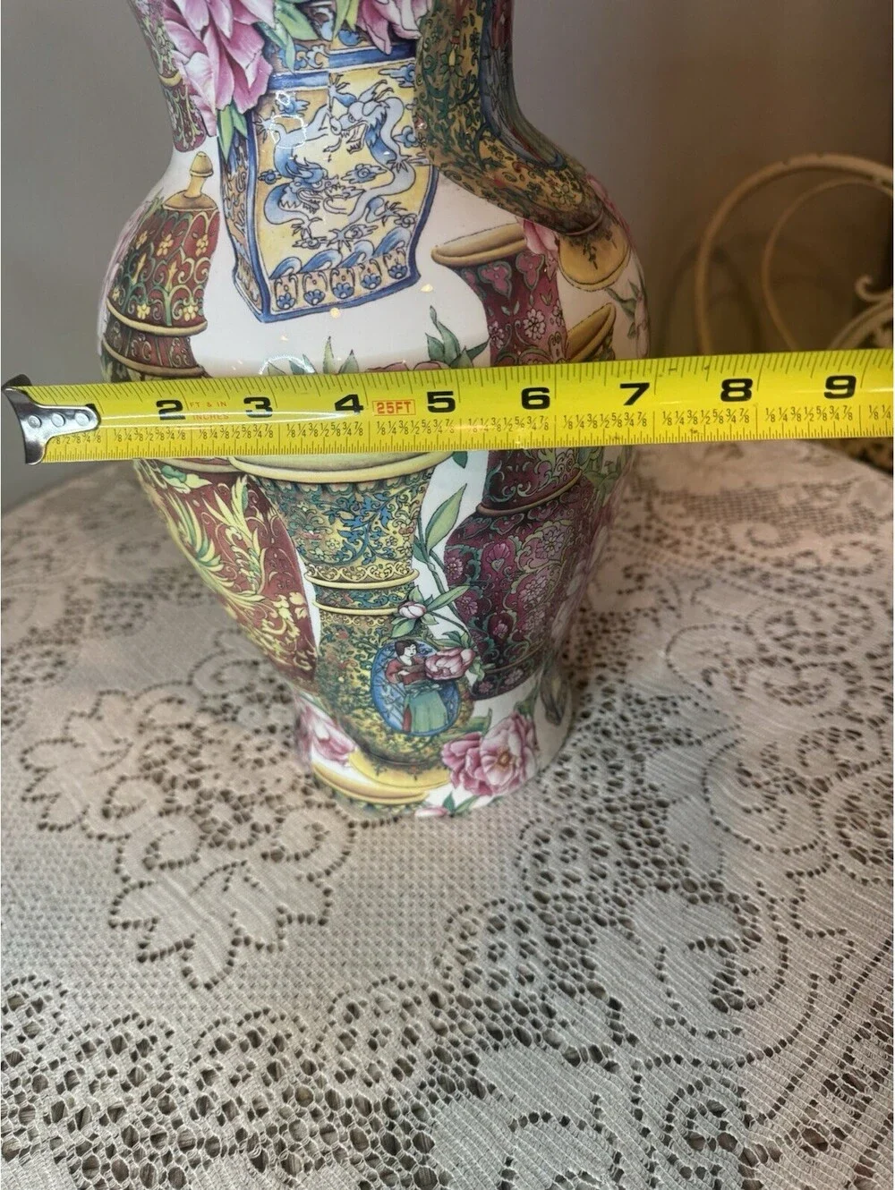 Hand Painted Rose Medallion Porcelain Vase 13”h x 7